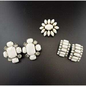 Vintage Earrings Brooch Lot Milk Glass White Rhinestone CLIP ON MCM Germany